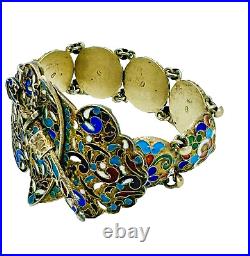 Stunning Antique Russian Cloisonne Enamel Signed Sterling Silver Bracelet