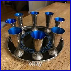 VTG Gorham Sterling Silver Enamel Reed Barton Footed Cordials Blue TRAY EXC COND