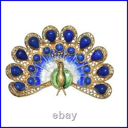 Vintage 925 Sterling Silver Enamel Peacock Brooch with Genuine Lapis Lazuli