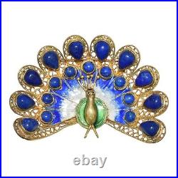 Vintage 925 Sterling Silver Enamel Peacock Brooch with Genuine Lapis Lazuli