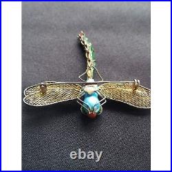 Vintage Articulating Dragonfly Brooch Gold over Sterling Silver and Enamel
