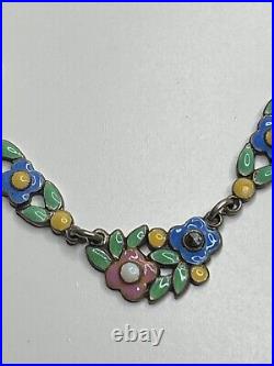 Vintage Bernard Instone Attrib. Sterling Silver Enamel Flower Marcasite Necklace