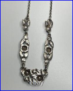 Vintage Bernard Instone Attrib. Sterling Silver Enamel Flower Marcasite Necklace