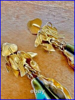 Vintage Chinese Sterling Silver Gold Vermeil Enamel Dangle Stud Pea Pod Earrings