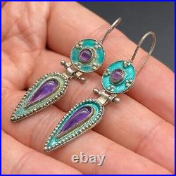 Vintage Enamel Amethyst Sterling Silver Dangle Earrings