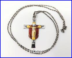 Vintage Enamel Cross Crucifix Necklace Pendant on Chain 925 Sterling Silver