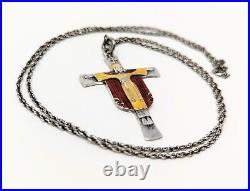 Vintage Enamel Cross Crucifix Necklace Pendant on Chain 925 Sterling Silver