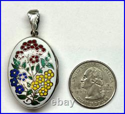Vintage Sterling Silver Enamel LOCKET PENDANT For Picture Stamped 925 Flowers