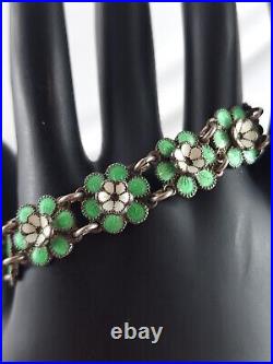 Vintage Sterling Silver Guilloche Enamel Green White Flowers Bracelet 17.4 Grams