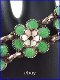 Vintage Sterling Silver Guilloche Enamel Green White Flowers Bracelet 17.4 Grams
