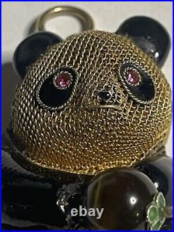 Vintage Sterling Silver Mesh & Enamel 14k Gold Clasp Panda Bear Pendant