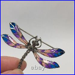 Vintage Sterling Silver Pendant Brooch Enamel Plique-A-Jour Dragonfly Bug