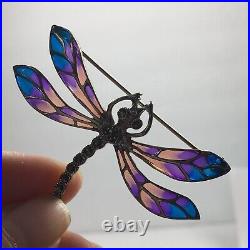Vintage Sterling Silver Pendant Brooch Enamel Plique-A-Jour Dragonfly Bug
