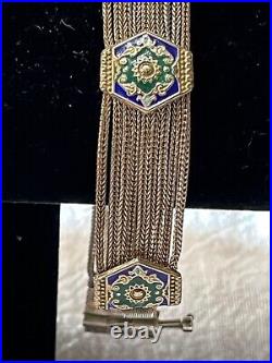 Vintage Turkish sterling silver enamel panels liquid mesh pin clasp bracelet, si