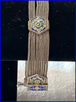 Vintage Turkish sterling silver enamel panels liquid mesh pin clasp bracelet, si