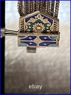 Vintage Turkish sterling silver enamel panels liquid mesh pin clasp bracelet, si