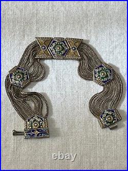 Vintage Turkish sterling silver enamel panels liquid mesh pin clasp bracelet, si