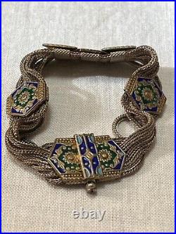 Vintage Turkish sterling silver enamel panels liquid mesh pin clasp bracelet, si