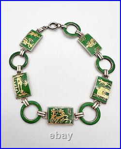 Vtg ART DECO Sterling Silver Green Enamel ANCIENT EGYPTIAN SCENES Link Bracelet