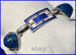 Vtg Art Deco LAPIS LAZULI Blue Enamel Sterling Silver Sugarloaf Stone Bracelet