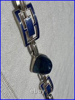 Vtg Art Deco LAPIS LAZULI Blue Enamel Sterling Silver Sugarloaf Stone Bracelet