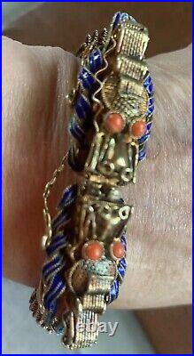 Vtg FINE Art Deco Vermeil Sterling Double Headed Dragon Enamel Coral Bracelet