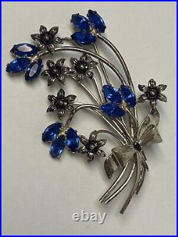 Vtg Signed Coro Sterling Silver Enamel Blue Rhinestone Flower Bouquet Brooch Pin
