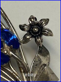 Vtg Signed Coro Sterling Silver Enamel Blue Rhinestone Flower Bouquet Brooch Pin