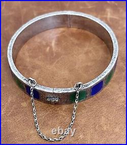 Vtg Sterling Silver Blue, Green Enameled Etched Design Hinged Bangle Bracelet