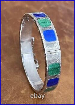 Vtg Sterling Silver Blue, Green Enameled Etched Design Hinged Bangle Bracelet