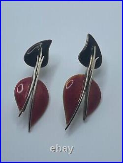 Walkey Signed Sterling Silver Enamel Leaf Hinged Dangle Earrings