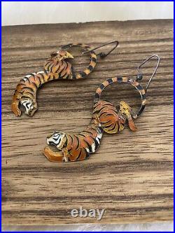Zarah Sterling Silver Nouveau Art Enamel Tiger Earrings French Wire Hooks